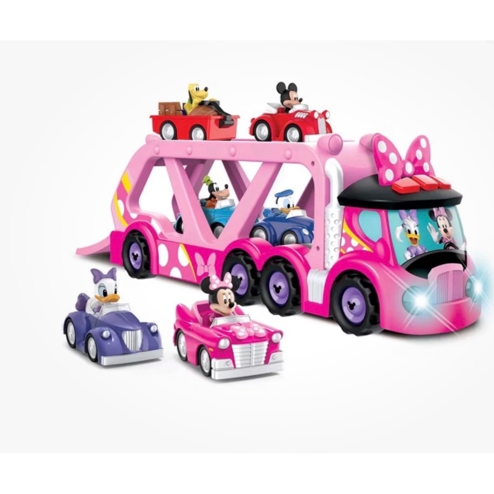 Disney Junior Minnie Mouse Vehicle Hauler Lights Sounds 6 Pull Back Cars New NIB